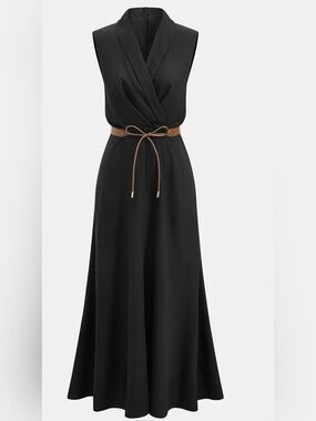 COMMENSE WRAP Sleeveless White Wrap Maxi Dress with Brown Tie Belt